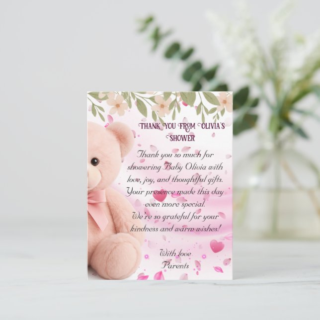 Pink Teddy Bear Baby Shower Thank You Card. Dankeskarte (Stehend Vorderseite)