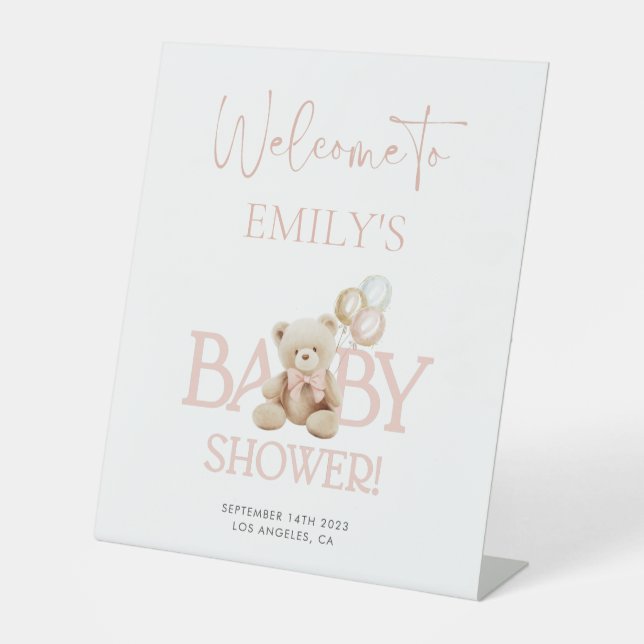 Pink Teddy Bear Babydusche Begrüßungsschild Sockelschild (Vorderseite)