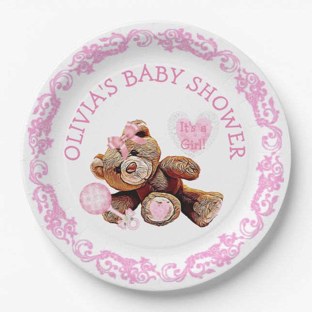 Pink Teddy Bear Babydusche Teller (Vorderseite)