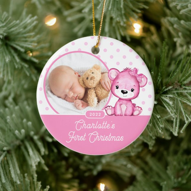 Pink Teddy Bear Baby's First Christmas Foto Keramik Ornament (Baum)
