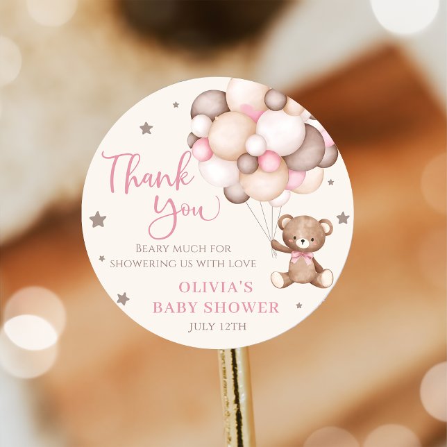 Pink Teddy Bear Balloon Babydusche warten Runder Aufkleber (Von Creator hochgeladen)