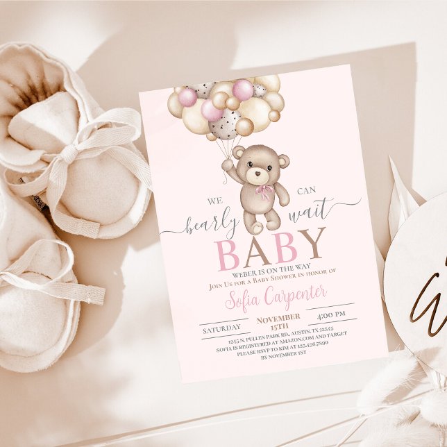Pink Teddy Bear Balloons Baby Shower Girl Einladung (Von Creator hochgeladen)