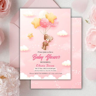 Pink Teddy Bear Balloons Girl Baby Dusche Einladung