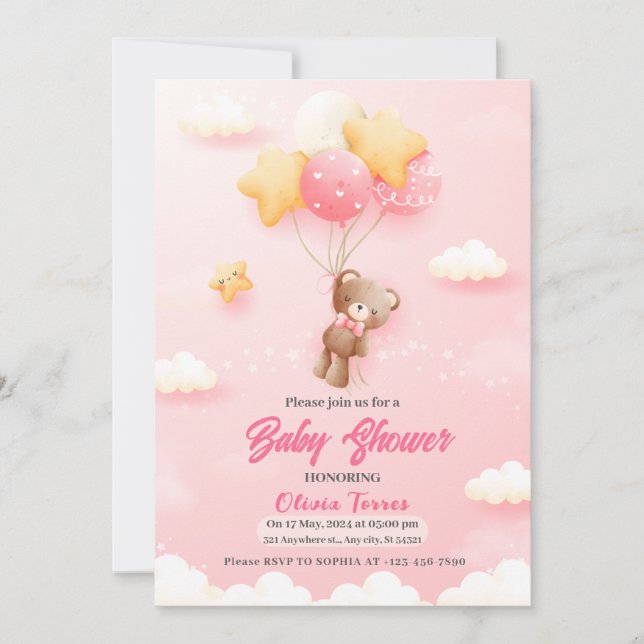 Pink Teddy Bear Balloons Girl Baby Dusche Einladung (Vorderseite)