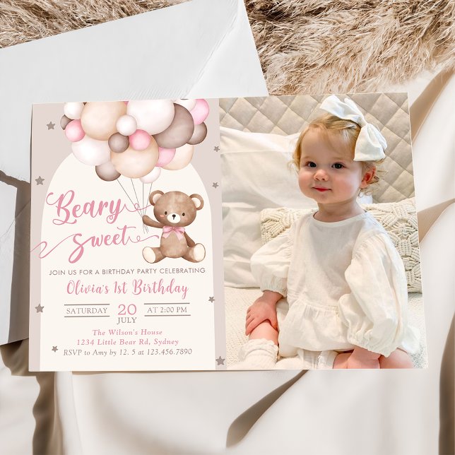 Pink Teddy Bear Balloons Girl Birthday Foto Einladung (Von Creator hochgeladen)