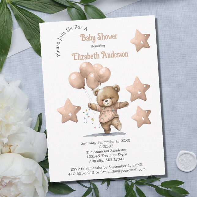 Pink Teddy Bear Balloons Stars Girl Baby Dusche Einladung (Von Creator hochgeladen)