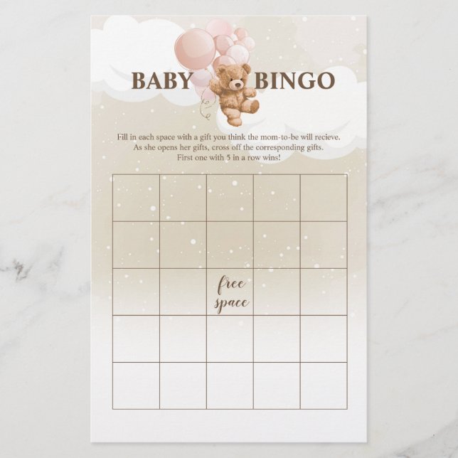 Pink Teddy Bear BINGO Baby Showspiele Flyer (Vorne)
