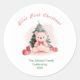 Pink Teddy Bear Erste Weihnachtsfeier Runder Aufkleber