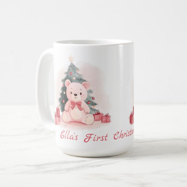 Pink Teddy Bear Erste Weihnachtsfeier Tasse (Vorderseite Links)
