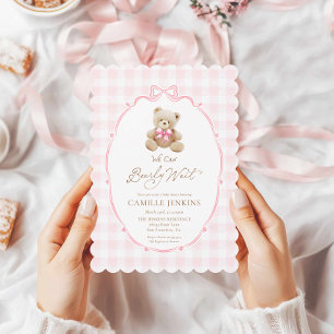 Pink Teddy Bear Gingham Baby Shower Einladung