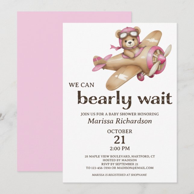 Pink Teddy Bear Girl Babydusche Einladung (Vorne/Hinten)