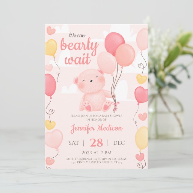 Pink Teddy Bear Girl Babydusche Einladung (Stehend Vorderseite)