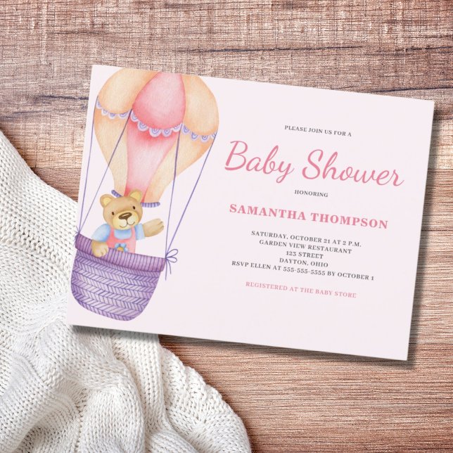 Pink Teddy Bear Girl Babydusche Einladung Postkarte (Von Creator hochgeladen)