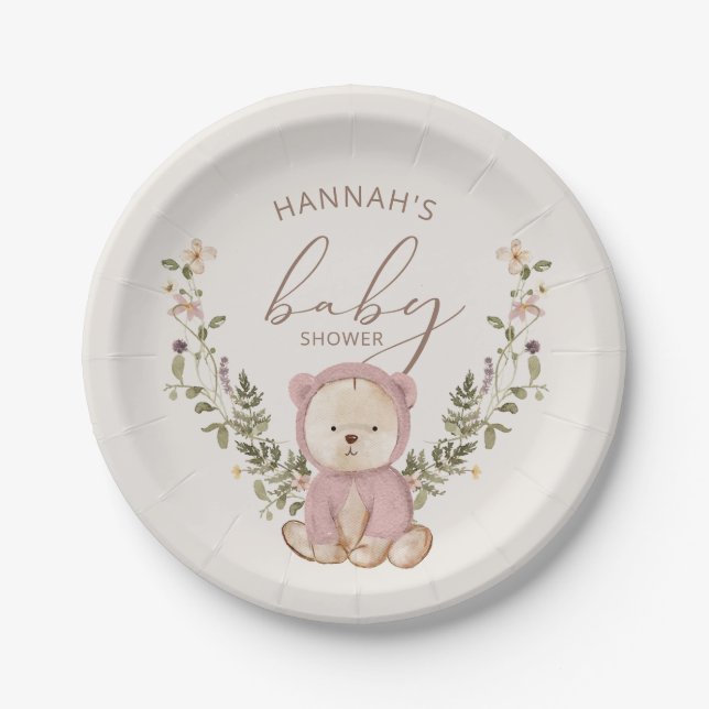 Pink Teddy Bear Girl Babydusche Pappteller (Vorderseite)