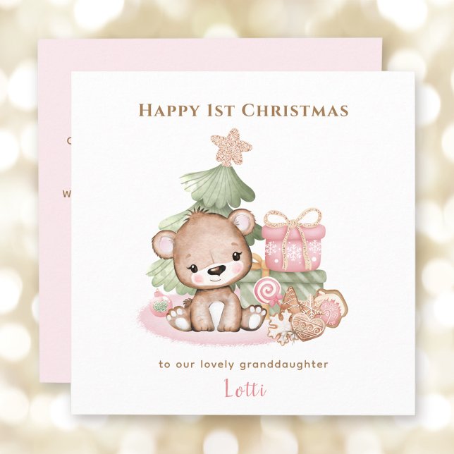 Pink Teddy Bear Girl Erste Weihnachtskarte Karte (Pink Teddy Bear Girl First Christmas Card)