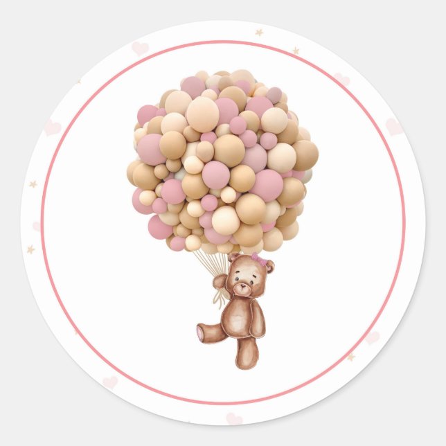 Pink Teddy Bear Hot Air Ballon Babydusche Runder Aufkleber (Vorderseite)