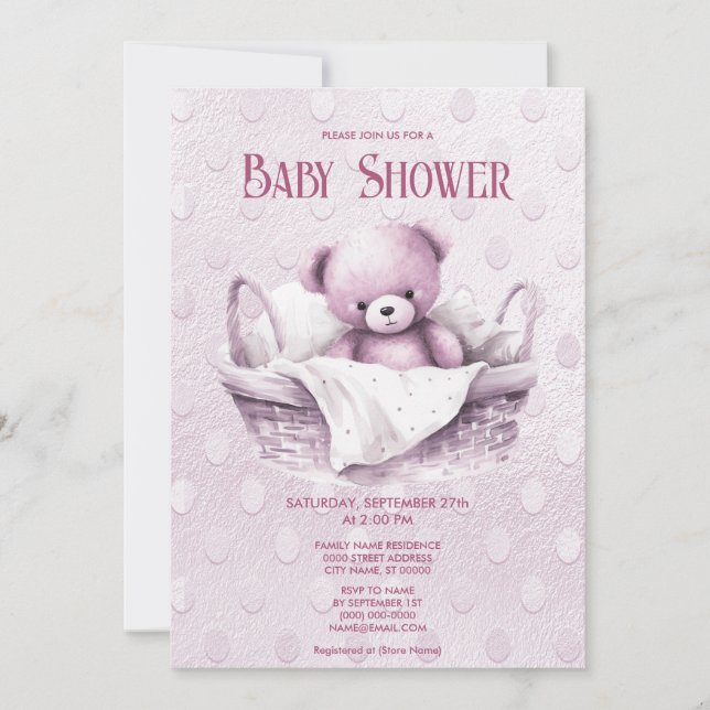 Pink Teddy Bear in Basket Baby Dusche Einladung (Vorderseite)
