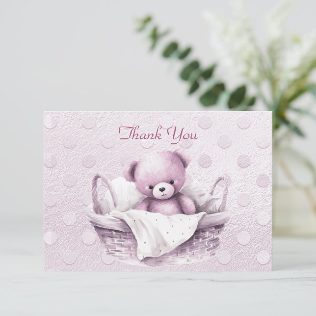 Pink Teddy Bear in Basket Danke Karte (Stehend Vorderseite)