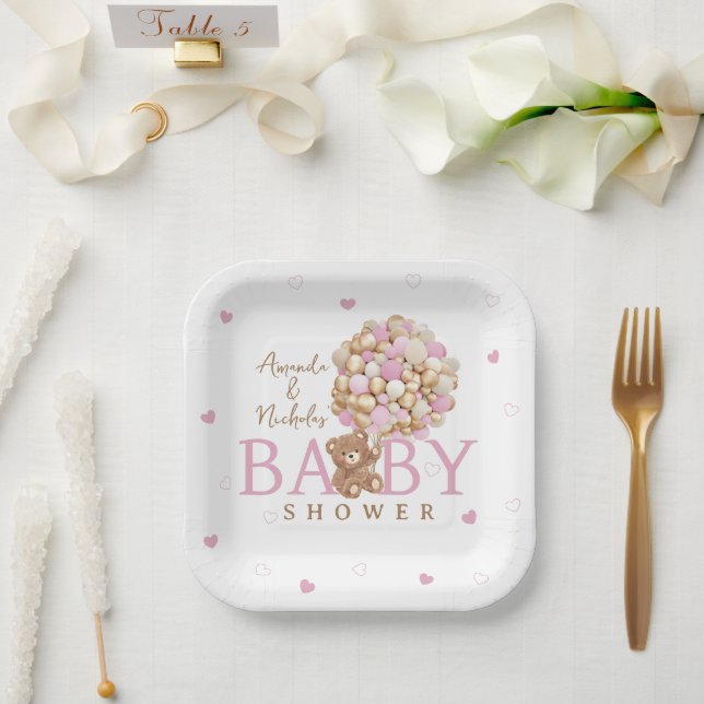 Pink Teddy Bear mit Balloons Baby Girl Dusche Pappteller (Hochzeit)