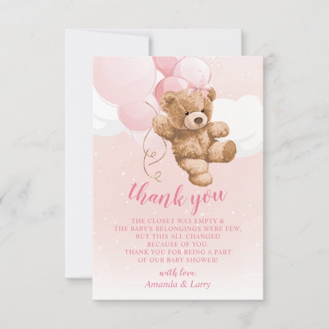 Pink Teddy Bear mit Balloons Danke Karte (Vorderseite)