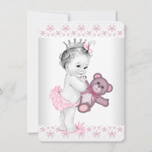 Pink Teddy Bear Princess Baby Dusche Einladung (Vorderseite)