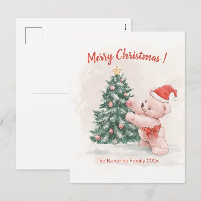 Pink Teddy Bear Retro Weihnachtskarte Feiertagspostkarte (Vorne/Hinten)