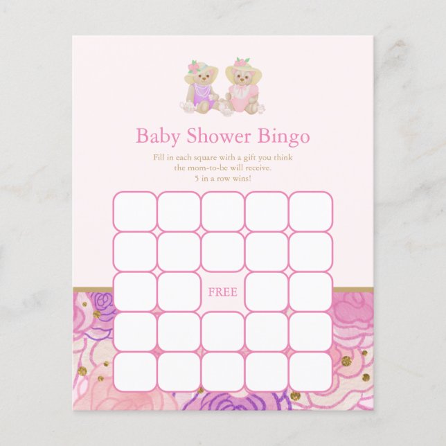 Pink Teddy Bear Tee Party Babydusche Bingospiel (Vorderseite)
