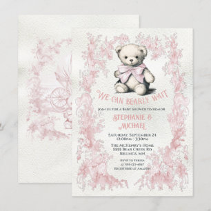 Pink Teddy Bear Toile Wasserfarben Babydusche Einladung