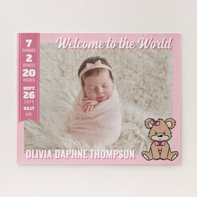 Pink Teddy Bear Welcome to the World Baby Girl (Horizontal)
