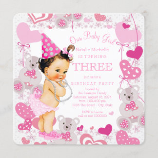 Pink Teddy Bears Hearts Girls 3. Geburtstag Party Einladung