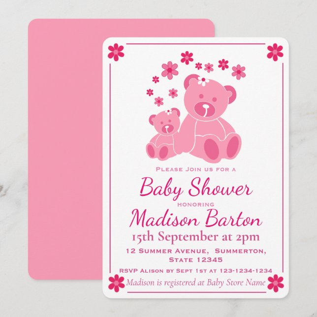 Pink Teddy Bears Niedlich Girl Baby Dusche Einladung (Vorne/Hinten)