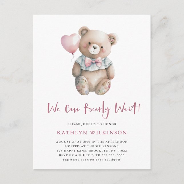 Pink Teddy wir können frühzeitig abwarten Mädchen  Einladungspostkarte (Vorderseite)