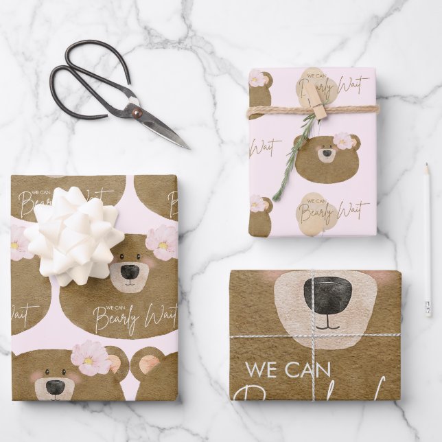 Pink Teddy wir können frühzeitig abwarten Mädchen  Geschenkpapier Set (Vorderseite)