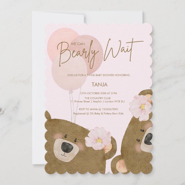 Pink Teddy wir können frühzeitig abwarten Twin Bab Einladung (Vorderseite)