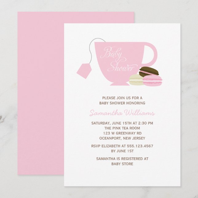 Pink Tee Cup und Macarons Girl Baby Dusche Einladung (Vorne/Hinten)