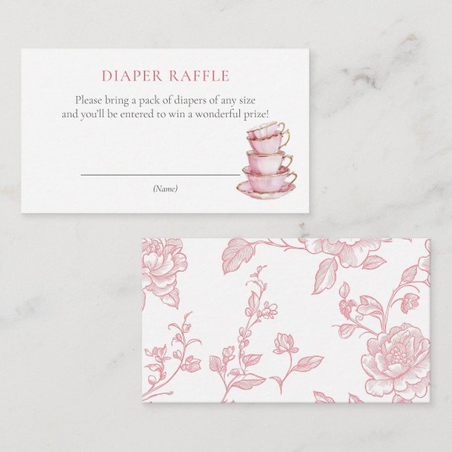 Pink Tee Party Baby Dusche Windeln Raffle Ticket Begleitkarte (Vorne/Hinten)