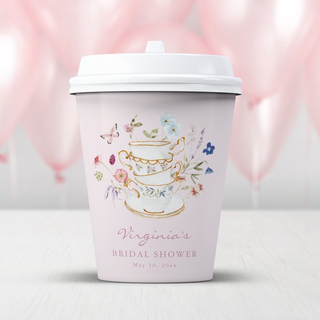 Pink Tee Party Paper Cup Pappbecher (Pink Floral Bridal Shower Tea Party Paper Cup by Painted Paperie
)