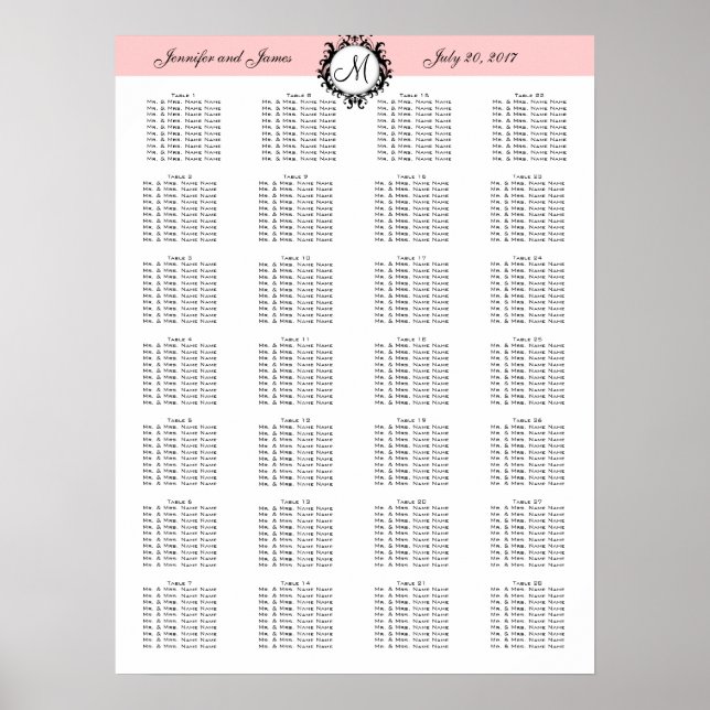 Pink Template Wedding Seating Chart 280 Guests Poster (Vorne)
