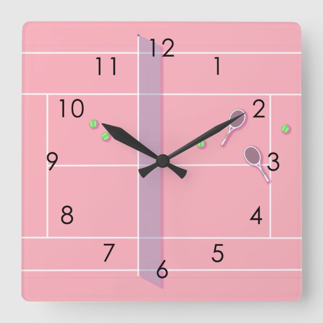 Pink Tennis Court Moderner Tennisspieler Quadratische Wanduhr (Vorderseite)