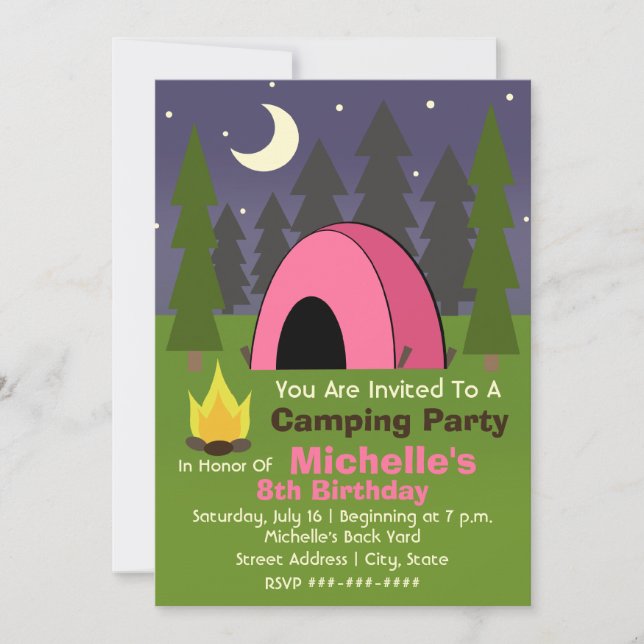 Pink Tent Camping Anniversaire Fête Invitation (Devant)