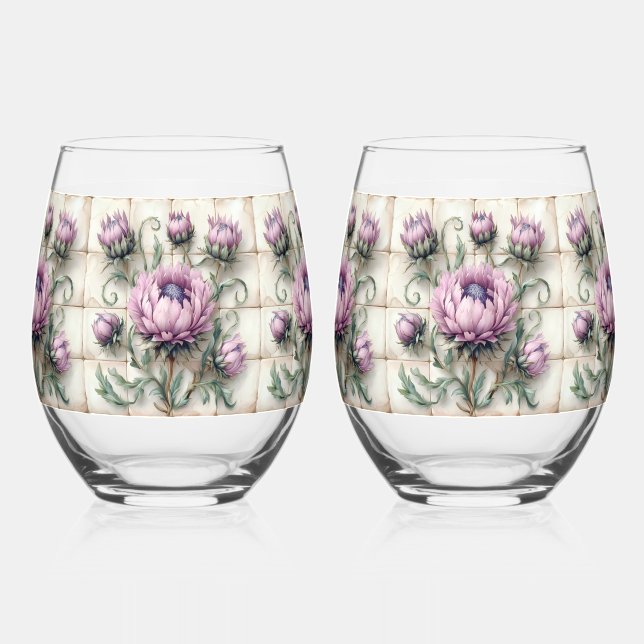 Pink Thistle Flowers Tile Weinglas Ohne Stiel (Vorderseite)