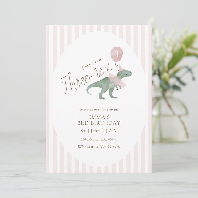 Pink Three Rex Dinosaur Third Birthday Invitation (Debout devant)