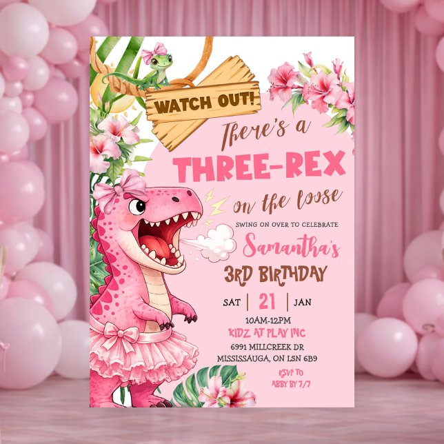 Pink Three Rex On The Loose Third Birthday Einladung (Von Creator hochgeladen)