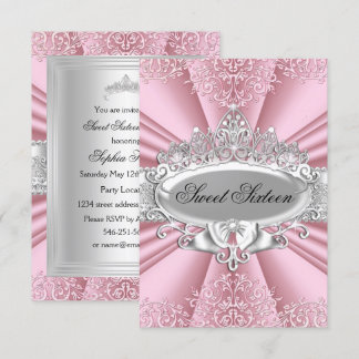 Pink Tiara Damask 16 . Geburtstag Party Einladung