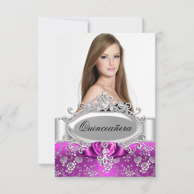 Pink Tiara & Floral Rose Quinceanera Einladung (Vorderseite)