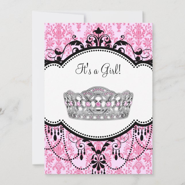 Pink Tiara Pink Black Damask Kinderdusche Einladung (Vorderseite)