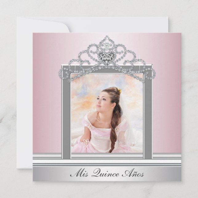 Pink Tiara Pink Foto Quinceanera Einladung (Vorderseite)