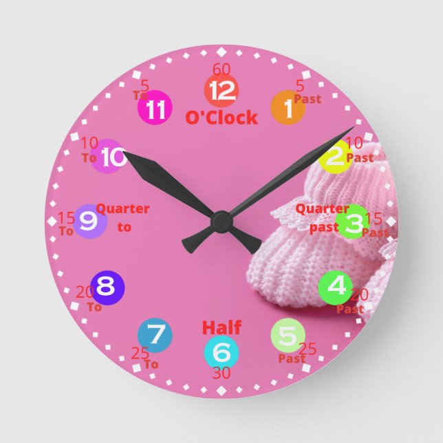 Pink Time Learning Round Clock Runde Wanduhr (Vorderseite)