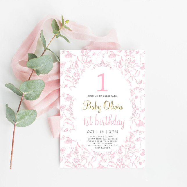 Pink Toile 1er anniversaire Invitation (Créateur téléchargé)