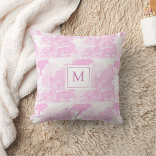 Pink Toile Animals Chinoiserie Baby Girl Monogram Kissen